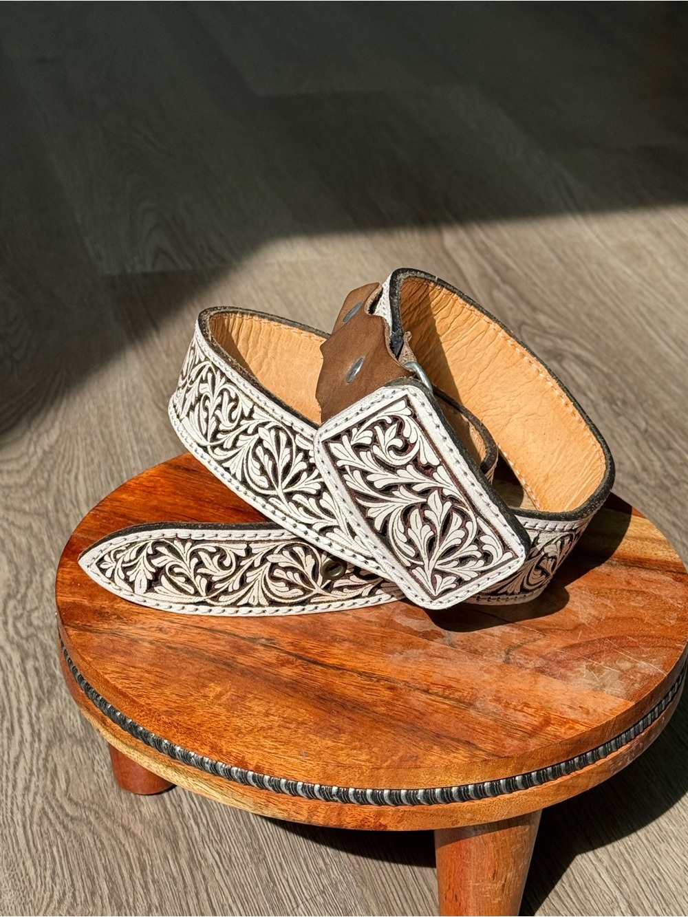 Western Leather Belt 32 Brown White Floral Tooled Cowboy Boho